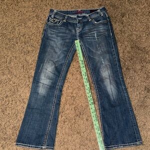 Rock & Roll Cowgirl Dark Wash Flare Jeans with Contrast Stitching